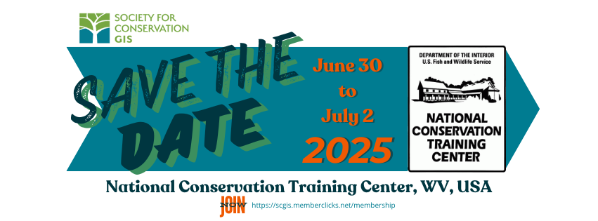 SCGIS conference save the date graphic with blue, green, and orange