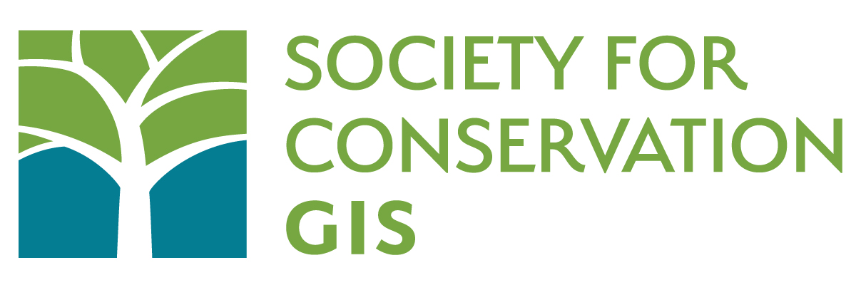 Society for Conservation GIS logo, white tree with green and blue background